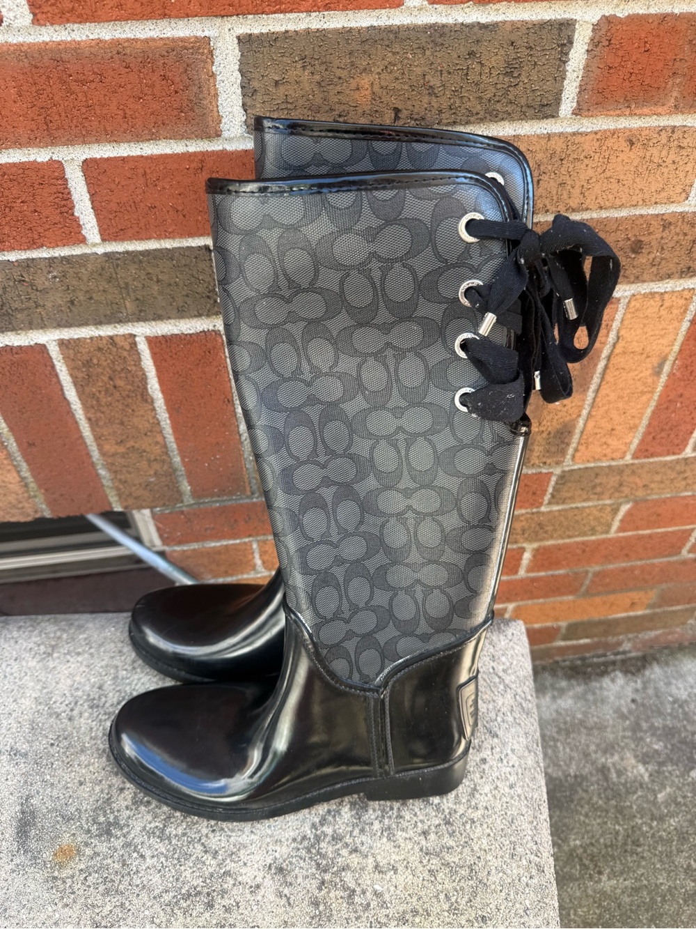 Coach Signature Black Lace-Up Tall Rain Boots Women’s Size 9